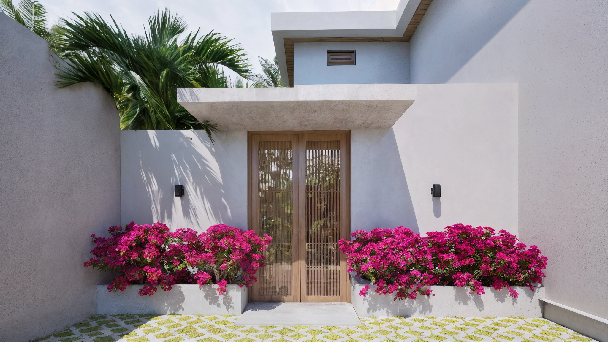 Villa entrance door framed by bougainvillea